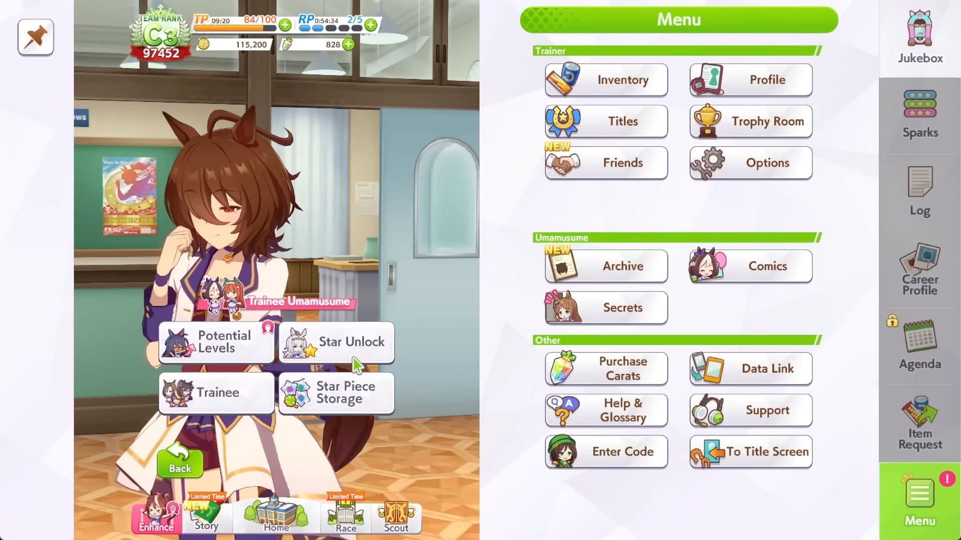 Enhance Tab with Potential Levels tile in Umamusume: Pretty Derby (Image via Cygames)